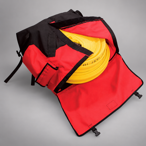 Red and black Strike Team Medford Hose Pack opened to show coiled yellow wildland hose, full front opening and side pockets.