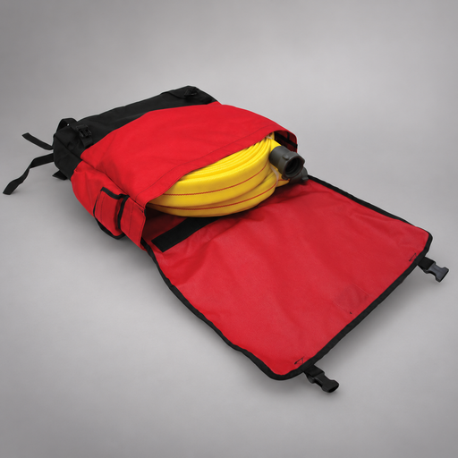 Red and black Strike Team Phoenix Hose Pack opened to show coiled yellow wildland hose, side pockets and buckle-secured flap.