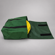 Green Strike Team Riverside Hose Pack opened to show coiled yellow wildland hose and the hook-and-loop flap closure.