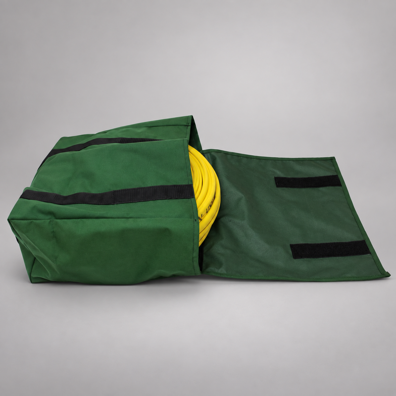Green Strike Team Riverside Hose Pack opened to show coiled yellow wildland hose and the hook-and-loop flap closure.