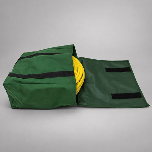 Green Strike Team Riverside Hose Pack opened to show coiled yellow wildland hose and the hook-and-loop flap closure.
