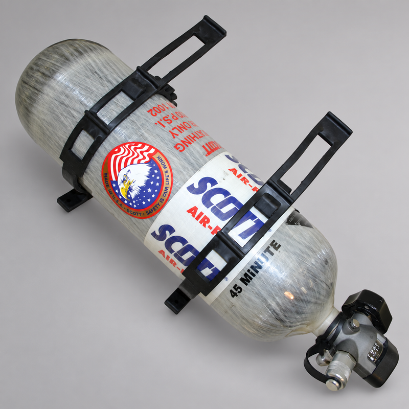 SCBA cylinder secured with two SUPER QUICK FIST equipment clamps