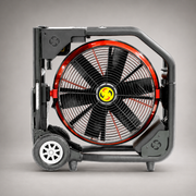 Super Vac Valor variable-speed battery PPV fan in compact transport position with wheels