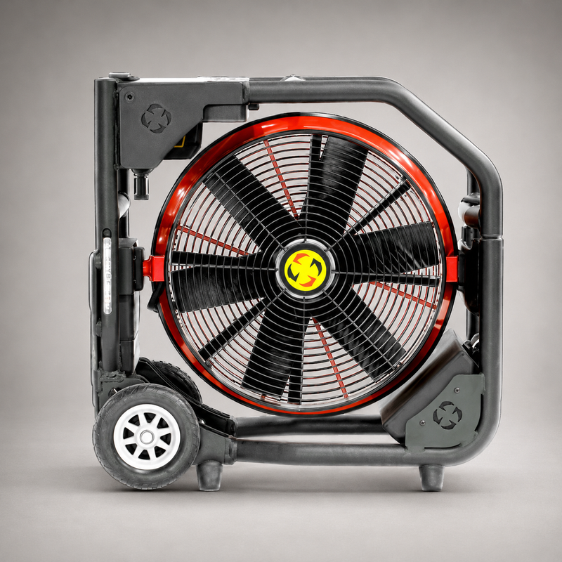 Super Vac Valor variable-speed battery PPV fan in compact transport position with wheels