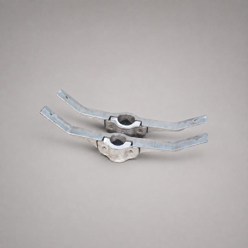 Two aluminum fire hose rack brackets for pipe-supported storage racks