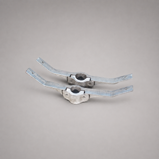 Two aluminum fire hose rack brackets for pipe-supported storage racks