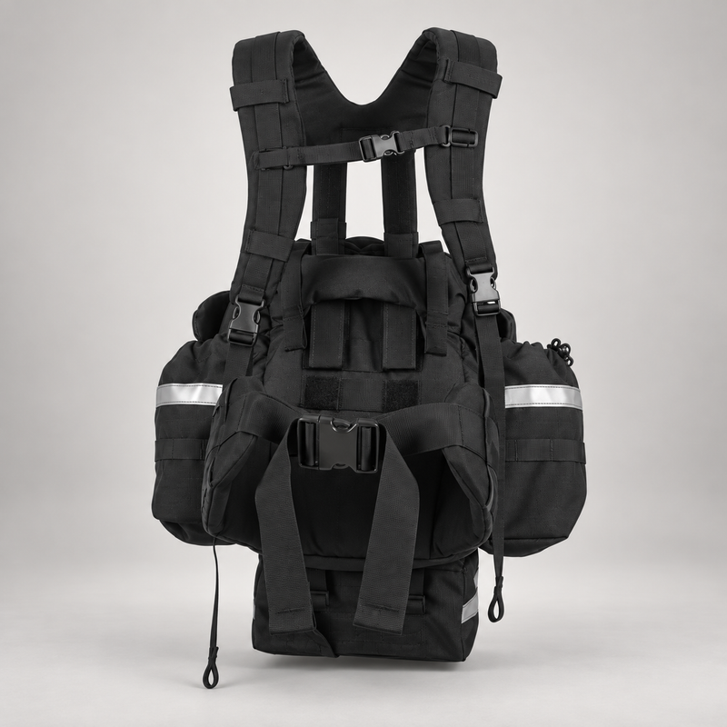 Rear view of True North Bushwhacker pack showing H-style harness