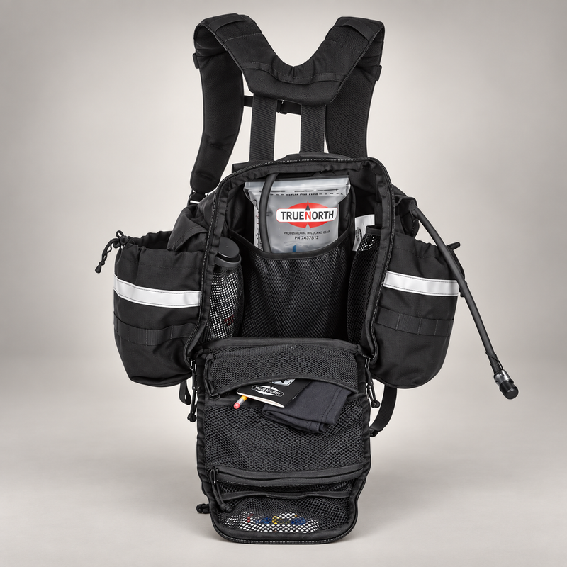 Open True North Bushwhacker pack showing internal mesh organizer pockets