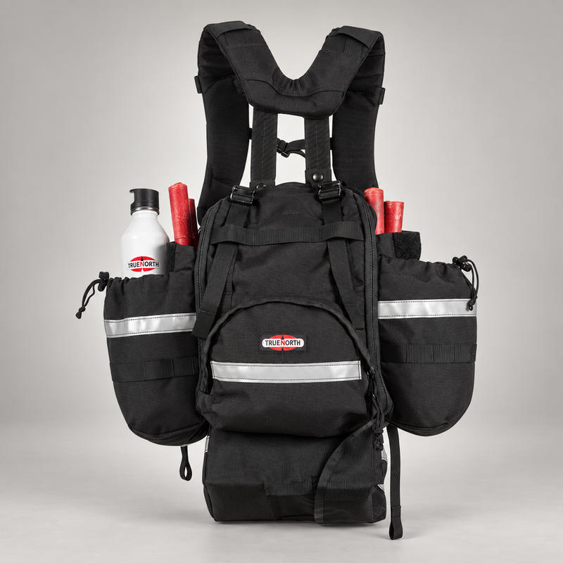 True North Bushwhacker wildland pack loaded with water bottle and fusees