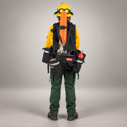 Rear view of a wildland firefighter wearing a True North Chainsaw Pack with chainsaw, storage pouches and equipment bottle