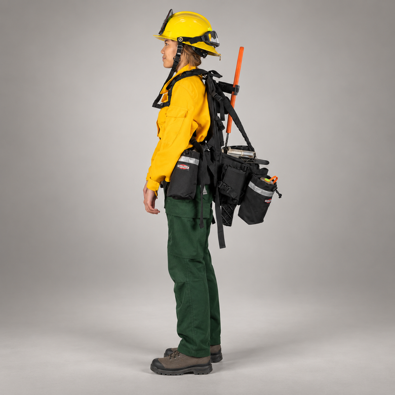 Side view of a wildland firefighter wearing a True North Chainsaw Pack loaded with a chainsaw and gear pouches