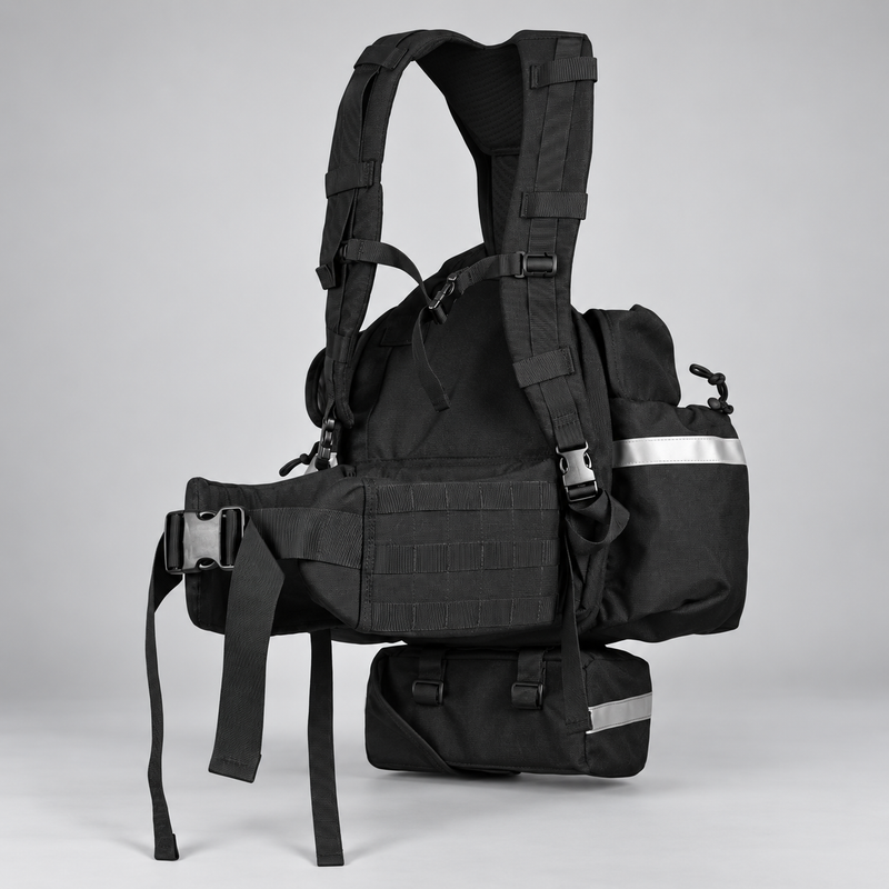 Rear view of True North Fireball pack showing shoulder harness and waist belt