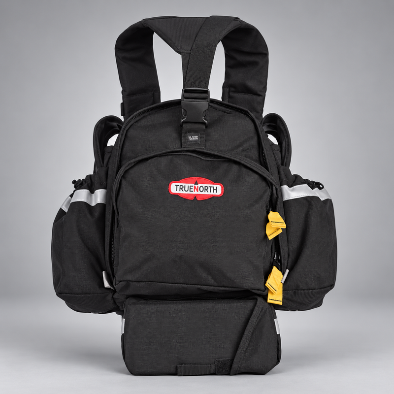 Three-quarter view of red True North Fireball wildland pack