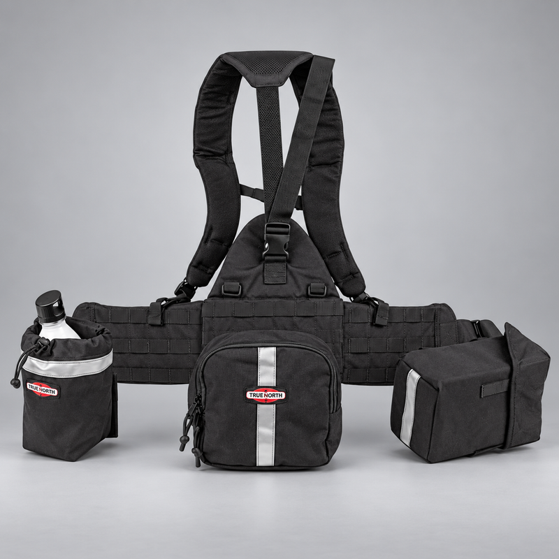 True North Spyder FR Gear Pack components with harness, gear pouch, bottle pocket and fire shelter case