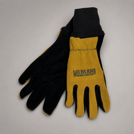 Veridian wildland firefighting gloves with black leather palms, gold backs and extended knit wristlets