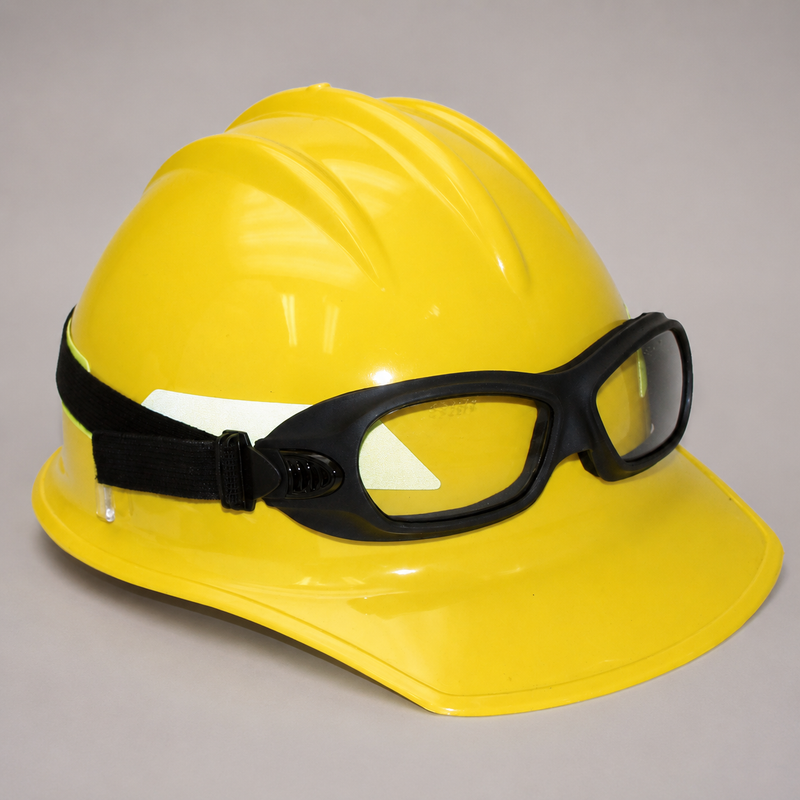 Wildcat wildland firefighting goggles mounted on a yellow fire helmet