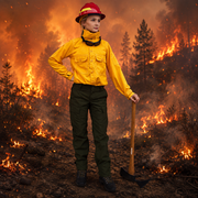 Woman wildland firefighter wearing green Strike Team Advance pants and a yellow fire shirt while holding a Pulaski in a wildfire setting.