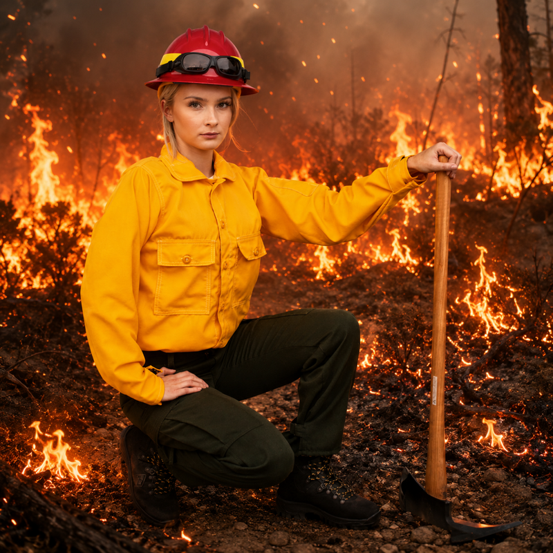 Female wildland firefighter wearing a yellow fire shirt and green protective pants while kneeling with a wildland fire tool