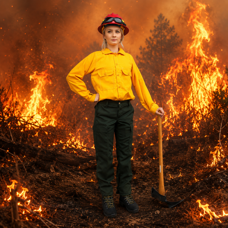 Female wildland firefighter wearing a yellow fire shirt and green protective pants while standing near an active wildfire