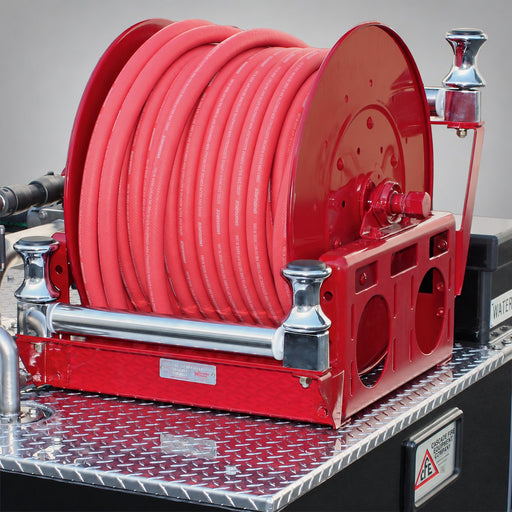 Hannay booster hose reel with high and low roller guide configurations