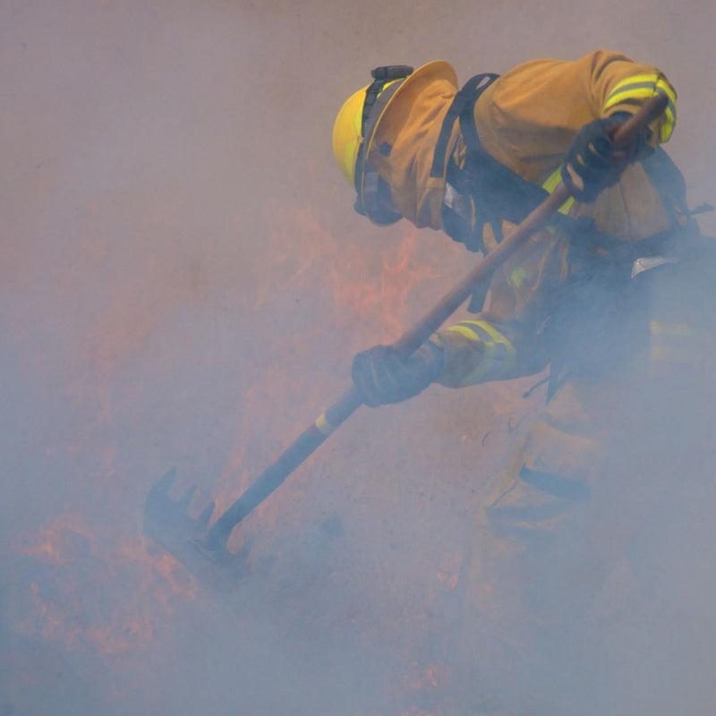 Wildland firefighter using a McLeod hand tool during fireline operations