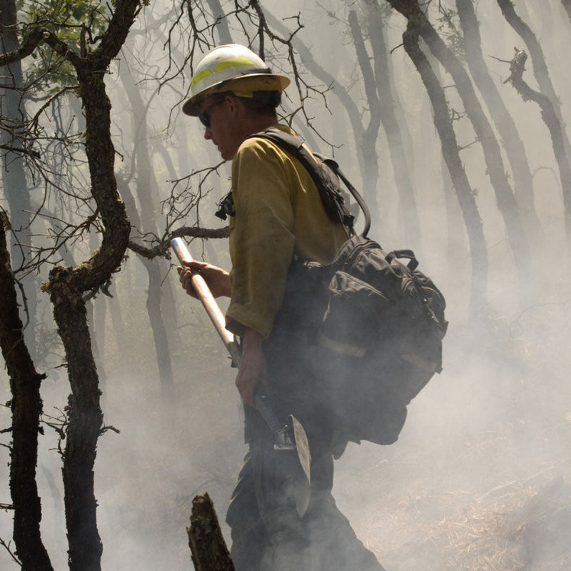 Wildland firefighter carrying a long-handled fireline tool in a smoky forest