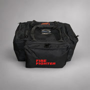 Black Strike Team Deluxe Forestry Gear Bag with zippered compartments, ID window and red FIRE FIGHTER lettering.