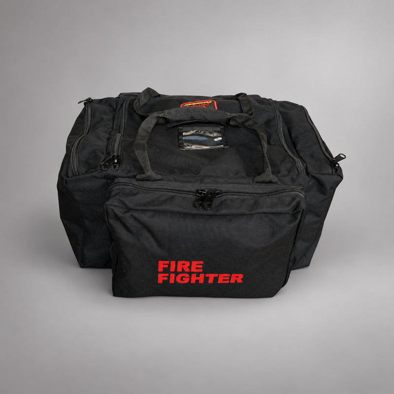 Black Strike Team Deluxe Forestry Gear Bag with zippered compartments, ID window and red FIRE FIGHTER lettering.