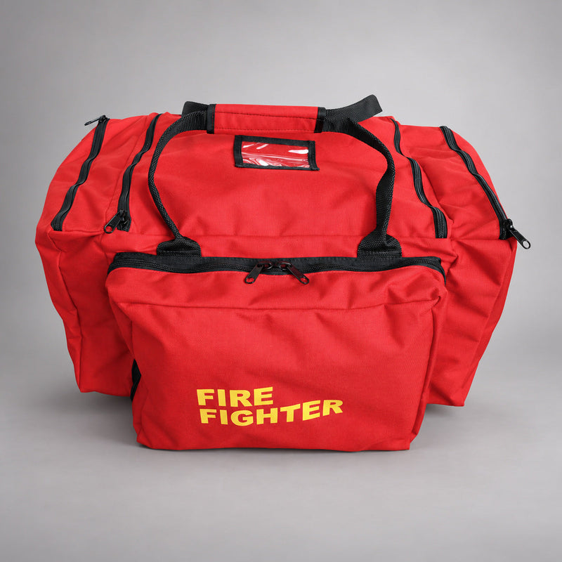 Red Strike Team Deluxe Forestry Gear Bag with cargo pockets, ID window and yellow FIRE FIGHTER lettering.