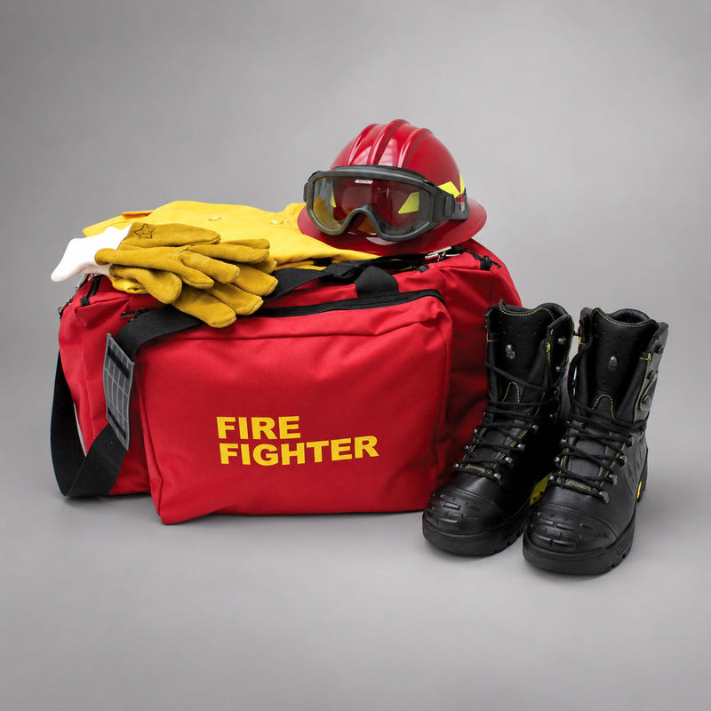 Red Strike Team Deluxe Forestry Gear Bag displayed with a wildland helmet, goggles, gloves, protective shirt and boots.