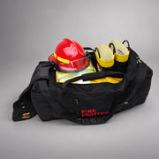 Black Strike Team Deluxe Gear Bag shown open with a firefighter helmet, protective clothing and boots.