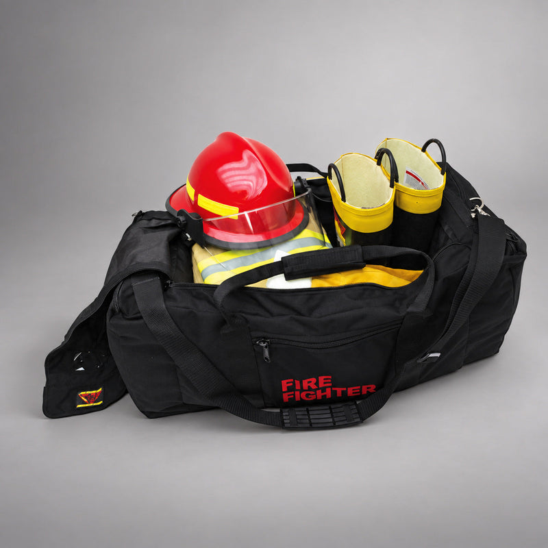Black Strike Team Deluxe Gear Bag shown open with a firefighter helmet, protective clothing and boots.
