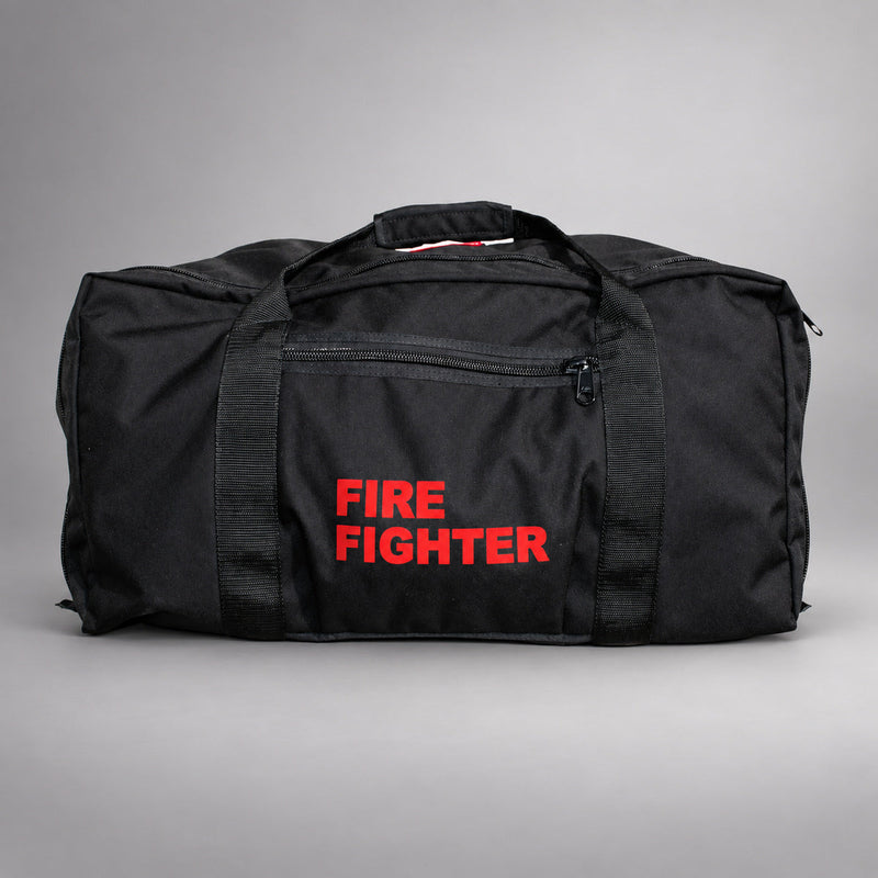 Black Strike Team Extra Large Gear Bag with black webbing handles, zippered side pocket and red FIRE FIGHTER lettering.
