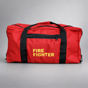Red Strike Team Extra Large Gear Bag with black webbing handles, zippered side pocket and yellow FIRE FIGHTER lettering.