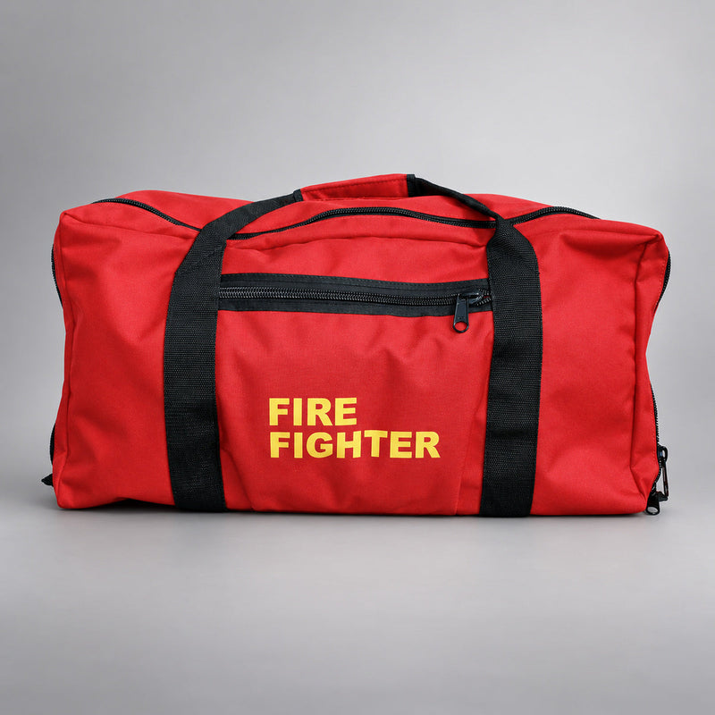 Red Strike Team Extra Large Gear Bag with black webbing handles, zippered side pocket and yellow FIRE FIGHTER lettering.