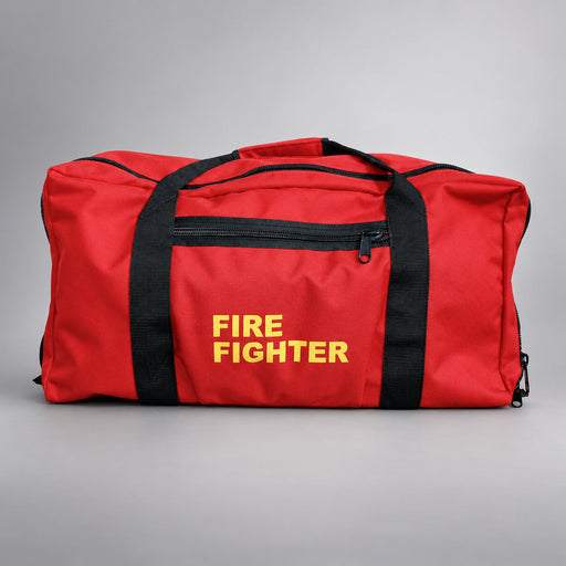 Red Strike Team Extra Large Gear Bag with black webbing handles, zippered side pocket and yellow FIRE FIGHTER lettering.