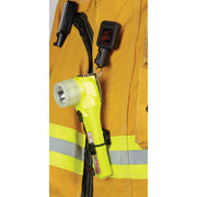 Gear Keeper retractor and stabilizer securing a right-angle flashlight to turnout gear; flashlight not included