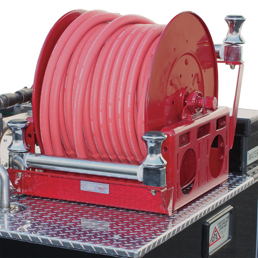 Hannay reel with high and low hose roller configurations