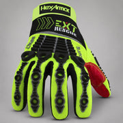 Back of a high-visibility HexArmor EXT Rescue 4012 glove with black impact guards.