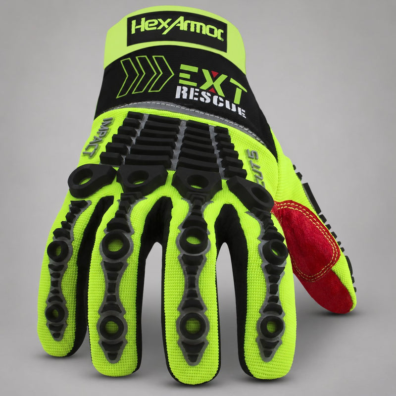 Back of a high-visibility HexArmor EXT Rescue 4012 glove with black impact guards.