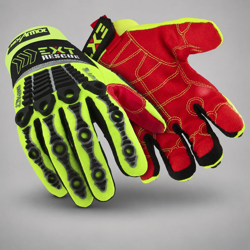 HexArmor EXT Rescue 4012 gloves showing the red palm, yellow stitching and black back-of-hand guards.