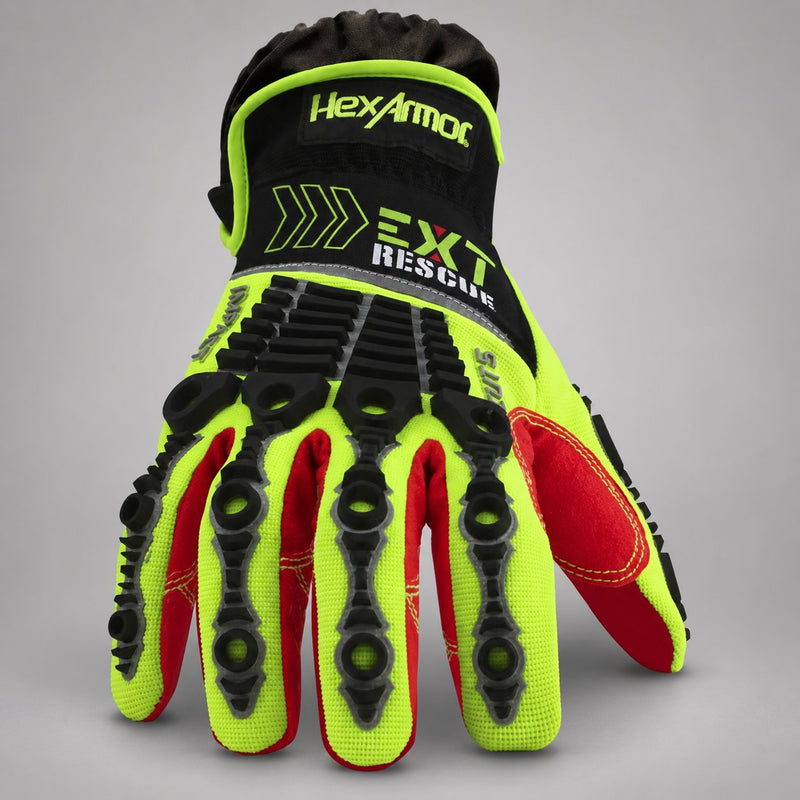Back of a high-visibility HexArmor EXT Rescue 4013 glove with black impact guards and an extended cuff.