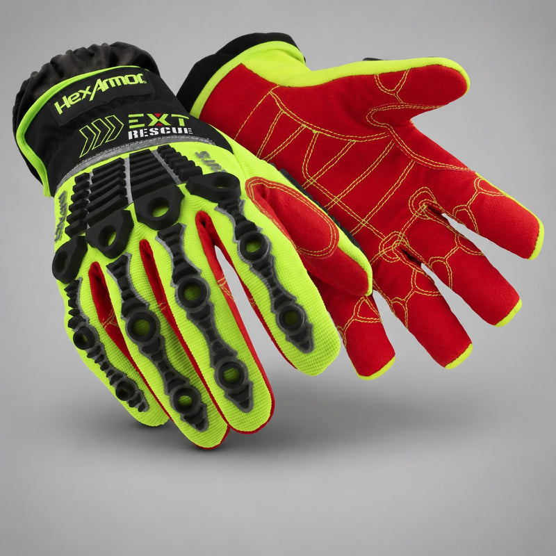 HexArmor EXT Rescue 4013 gloves showing the red palm, yellow stitching, extended cuff and black impact guards.