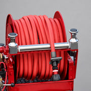Red high-pressure booster hose on an apparatus reel; reel and nozzle not included