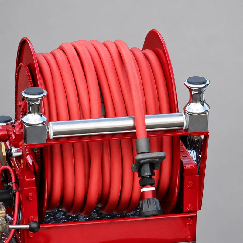 Red high-pressure booster hose on an apparatus reel; reel and nozzle not included