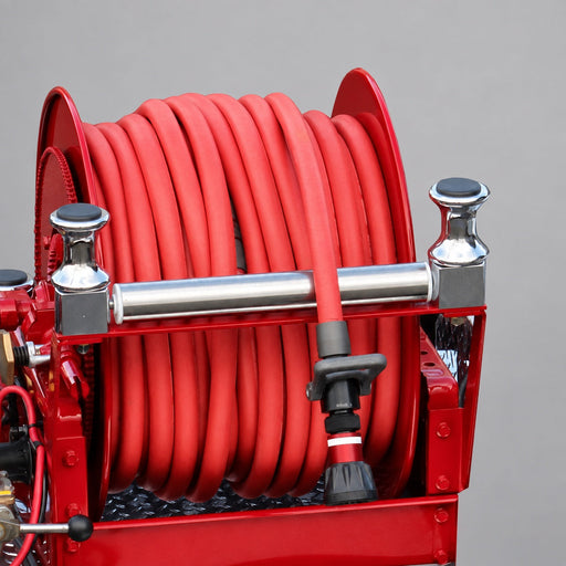 Red high-pressure booster hose on an apparatus reel; reel and nozzle not included