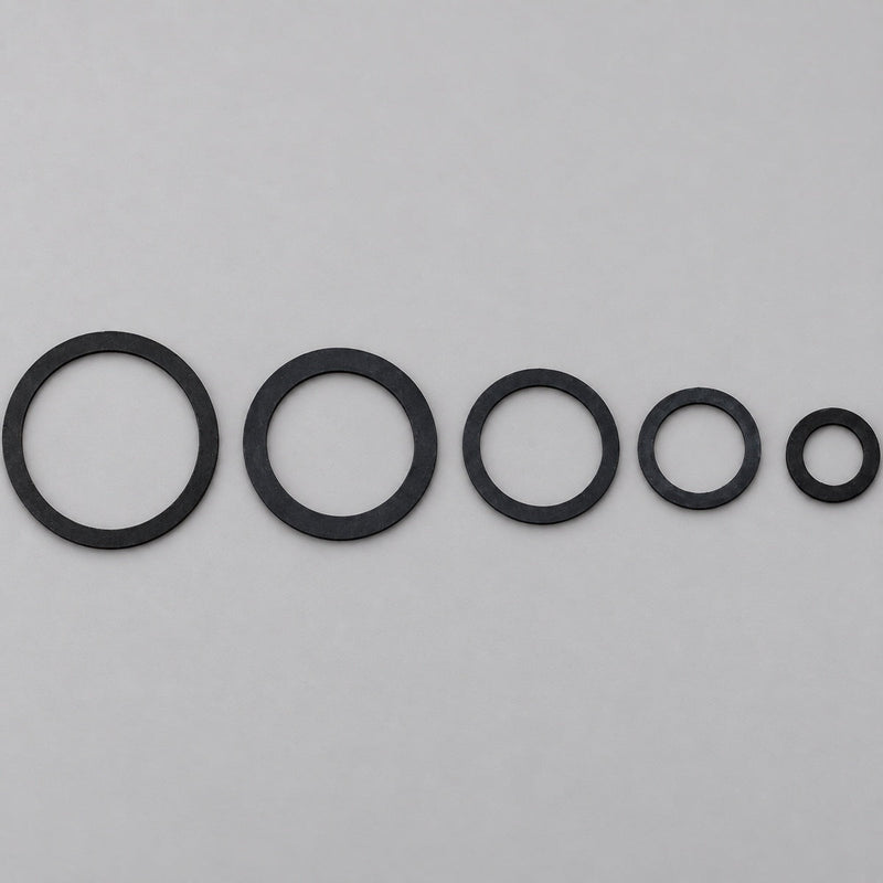 Black hose swivel gaskets in five sizes on a gray background