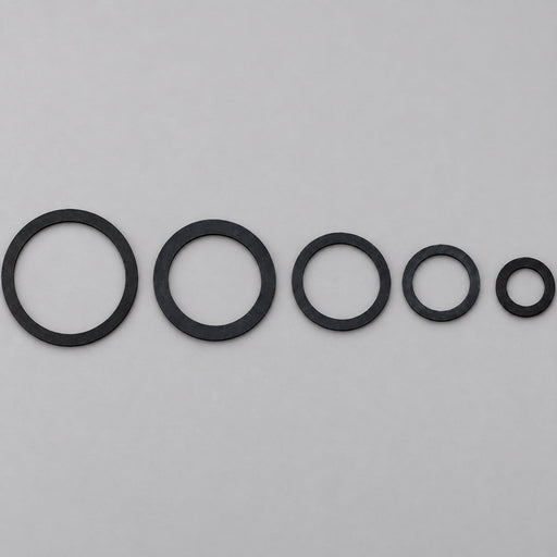Black hose swivel gaskets in five sizes on a gray background