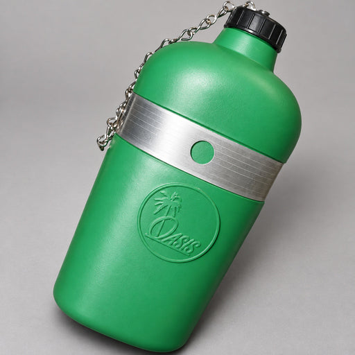 Green Oasis 1-quart flask canteen with metal band, black screw cap and safety chain