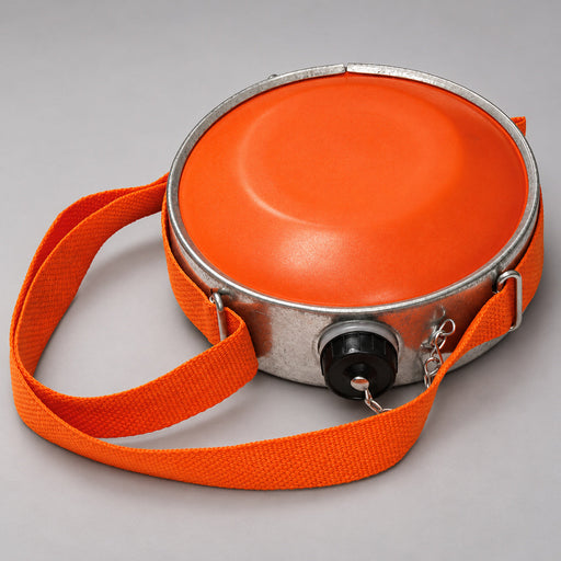 Orange Oasis 2-quart round canteen with carry strap and safety-chain cap